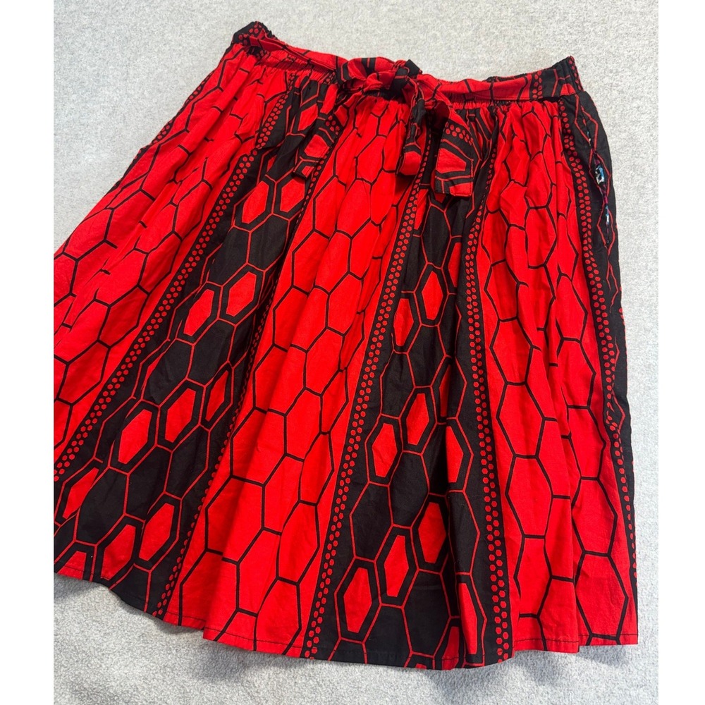 Red Black Tribal Print Midi Skirt Plus Size Elastic Waist Boho Handmade Style - Picture 3 of 8